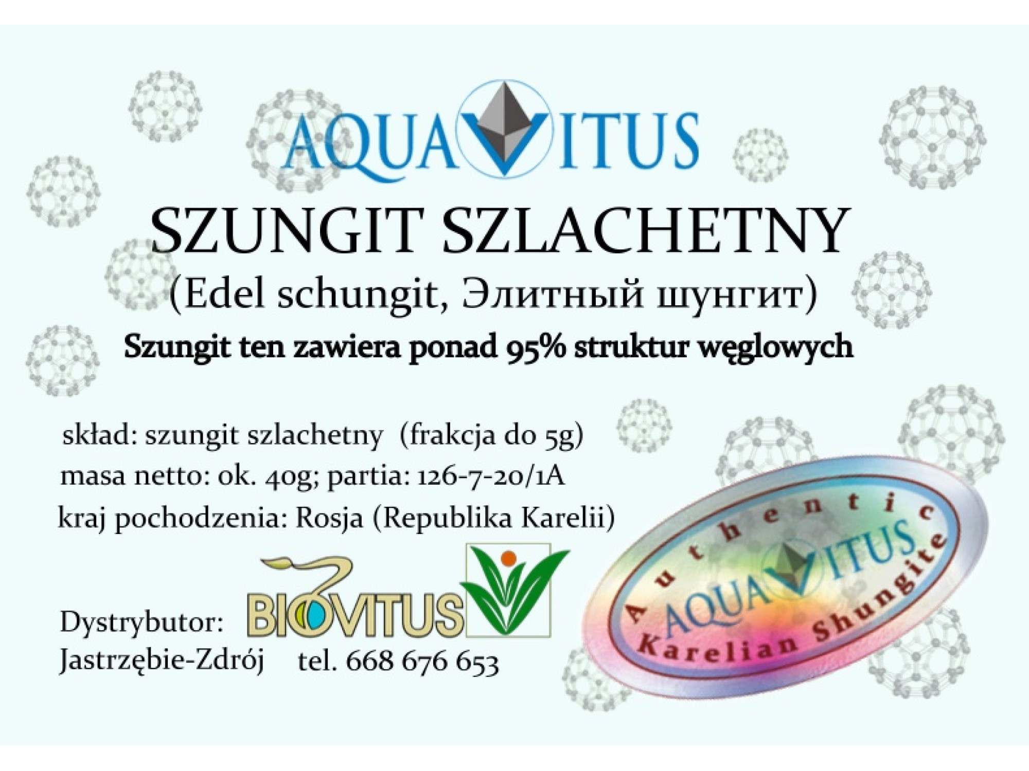 Szungit szlachetny AquaVitus (Elite shungite, Edel schungit) 40g do wody